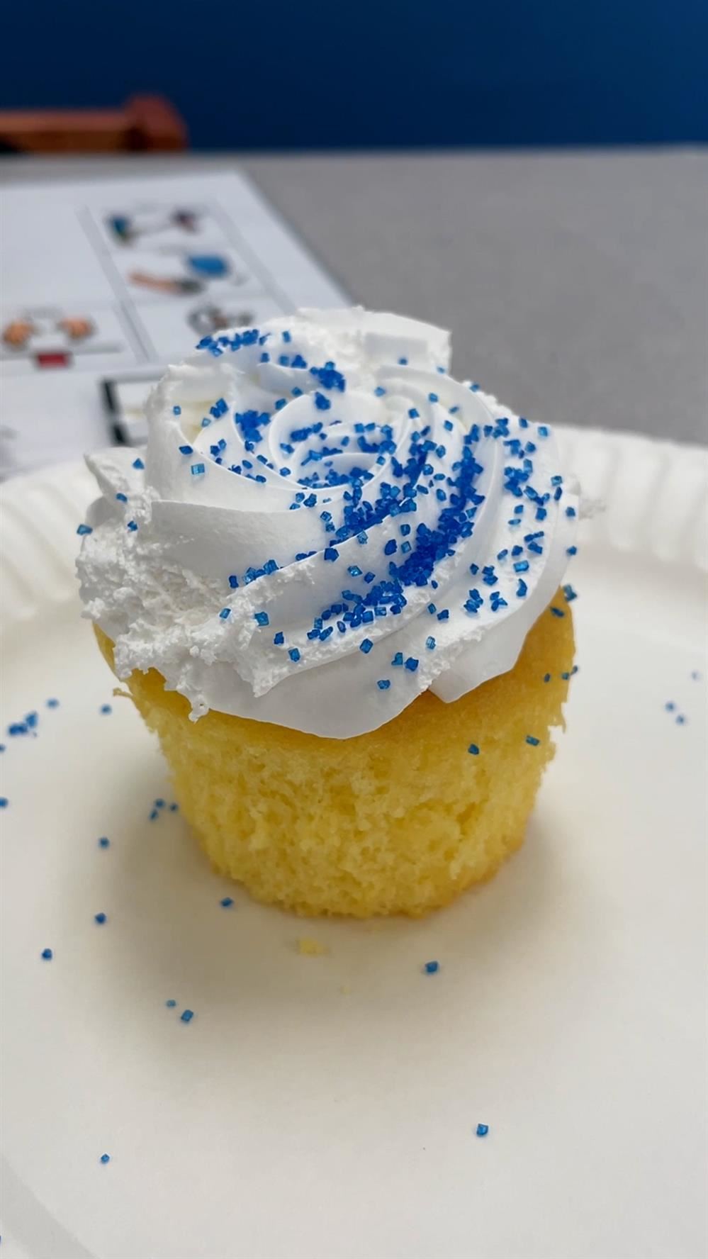  This picture is of a vanilla cupcake with vanilla icing and blue sprinkles.